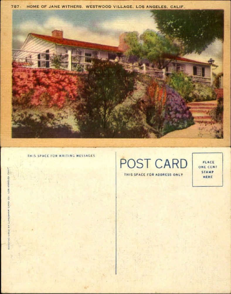 Child actor Jane Withers home Westwood Village Los Angeles California postcard