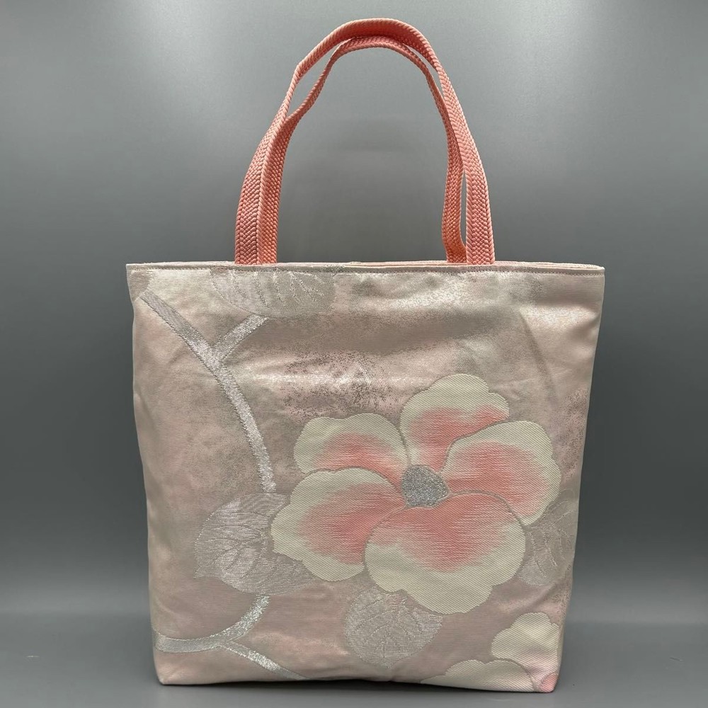 Japanese Silk Kimono Obi Tote Bag with Pink Silver Floral Embroidery