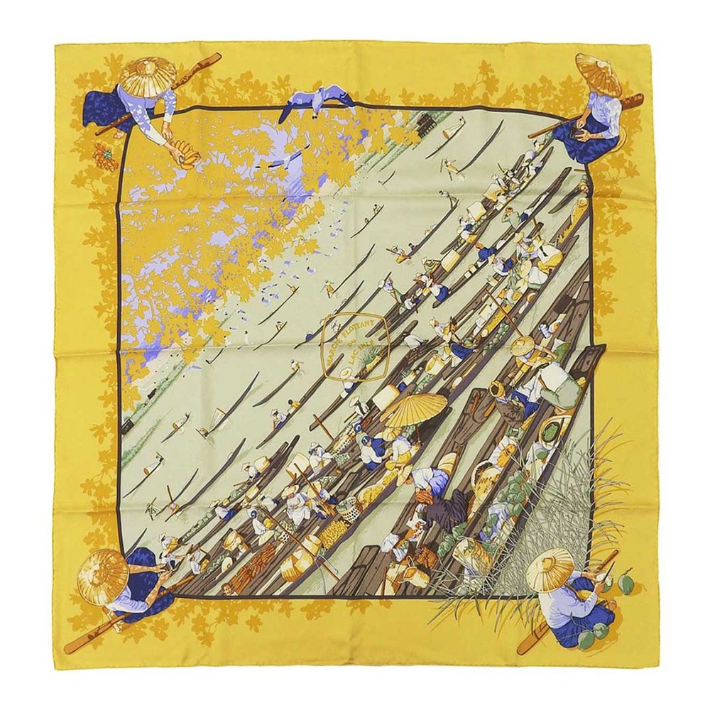 Hermes Carre 90 Marche Flottant du Lac Inle Silk Scarf Yellow 213938