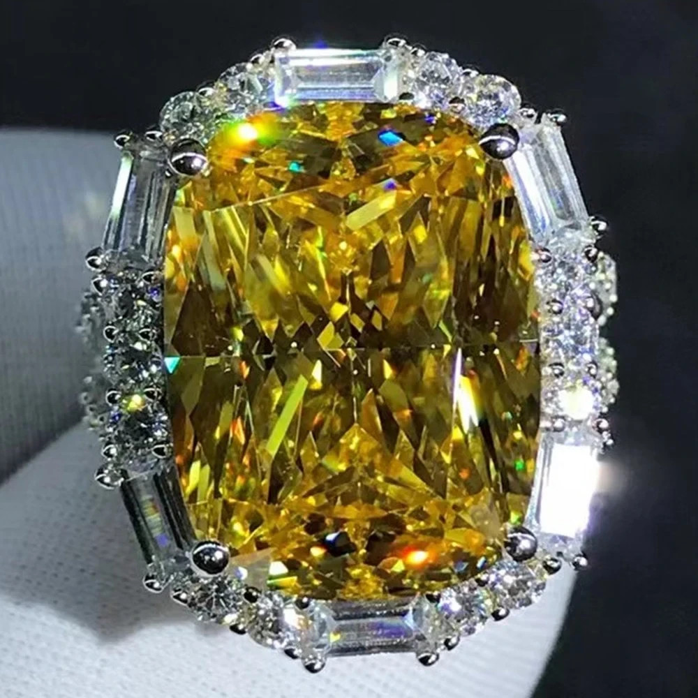 10ct Cushion Cut Deep Yellow Moissanite Halo Ring in 18K Gold with Split Shank