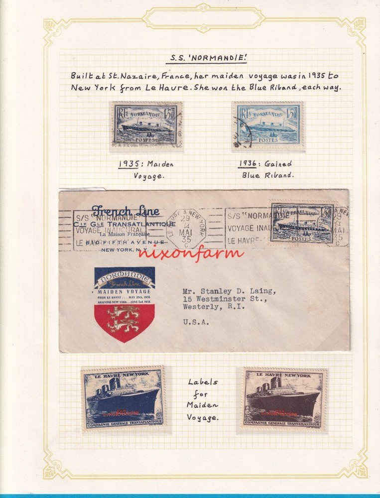 An Original Album Page C.G.T France Line NORMANDIE Maiden Voyage Cover + 4 Stamp