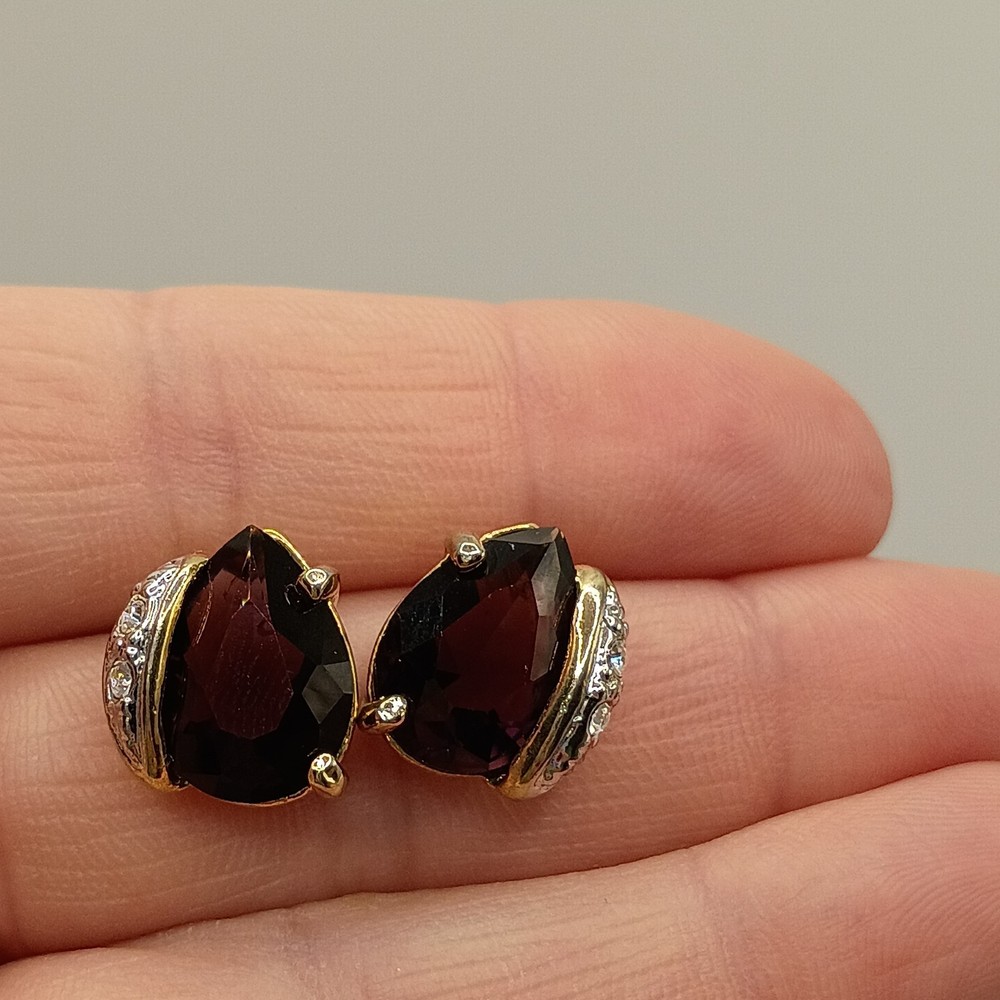 Vintage Teardrop Dark Purple Glass Rhinestone Gold & Silver Tone Stud Earrings