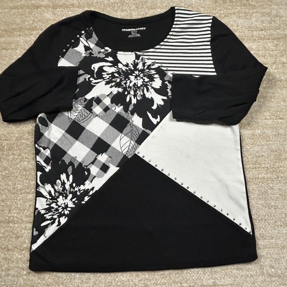 Allison Daley Womens Blouse Shirt PM Petite  Black White Mixed Print 3/4 Sleeve