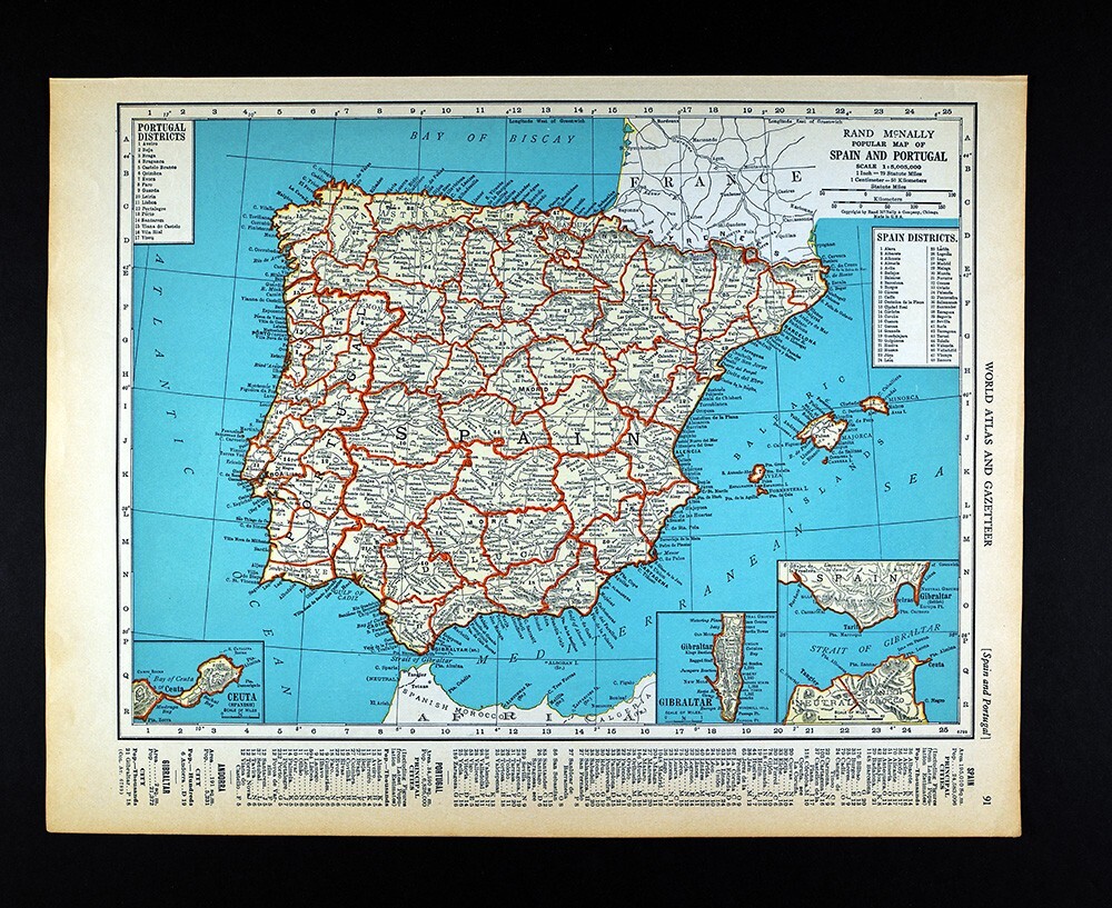 1937 McNally Map Spain & Portugal Lisbon Madrid Toledo Barcelona Gibraltar Ibiza