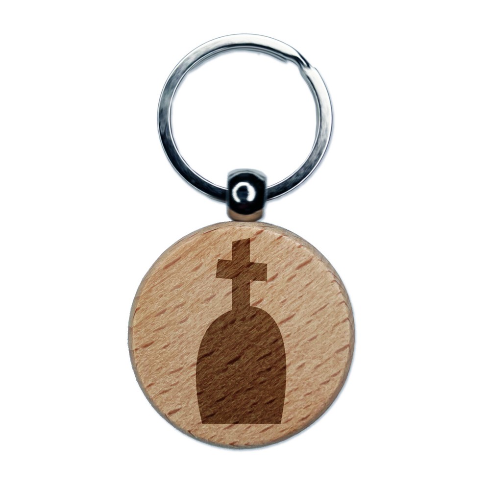 Tombstone Grave with Cross Halloween Engraved Wood Round Keychain Tag Charm