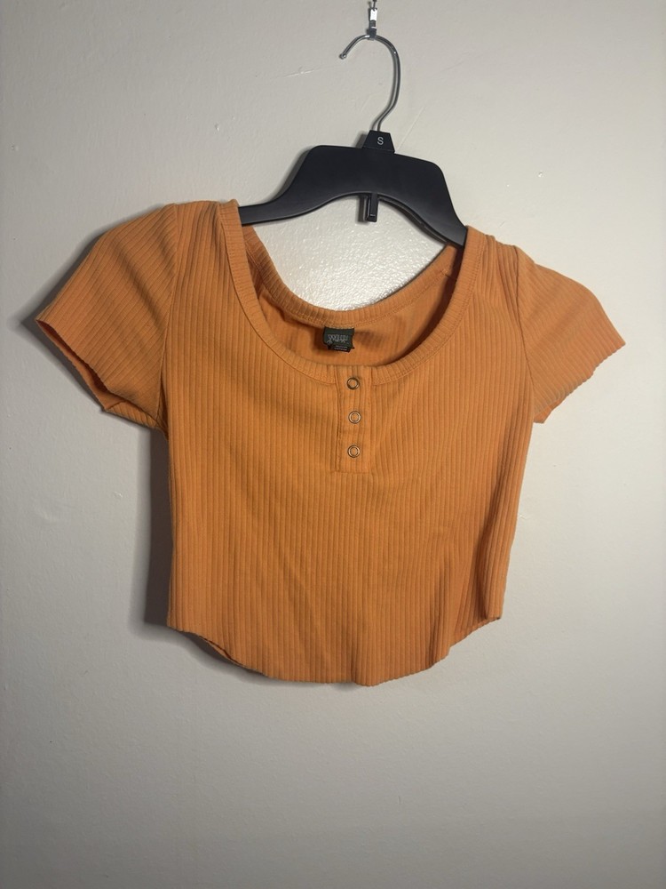 Wild Fable Orange Ribbed Knit Scoop Neck Button Cropped Cap Sleeve Tee Size S