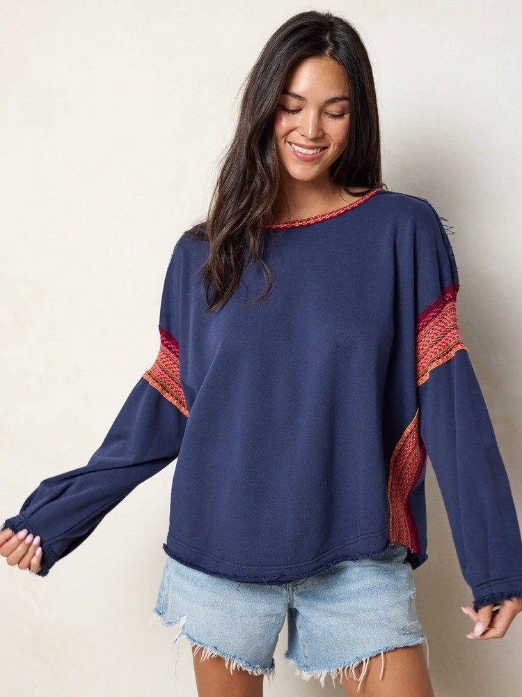 Natural Life Knit Trim Sweatshirt Large / XL navy boho oversized lightweight
