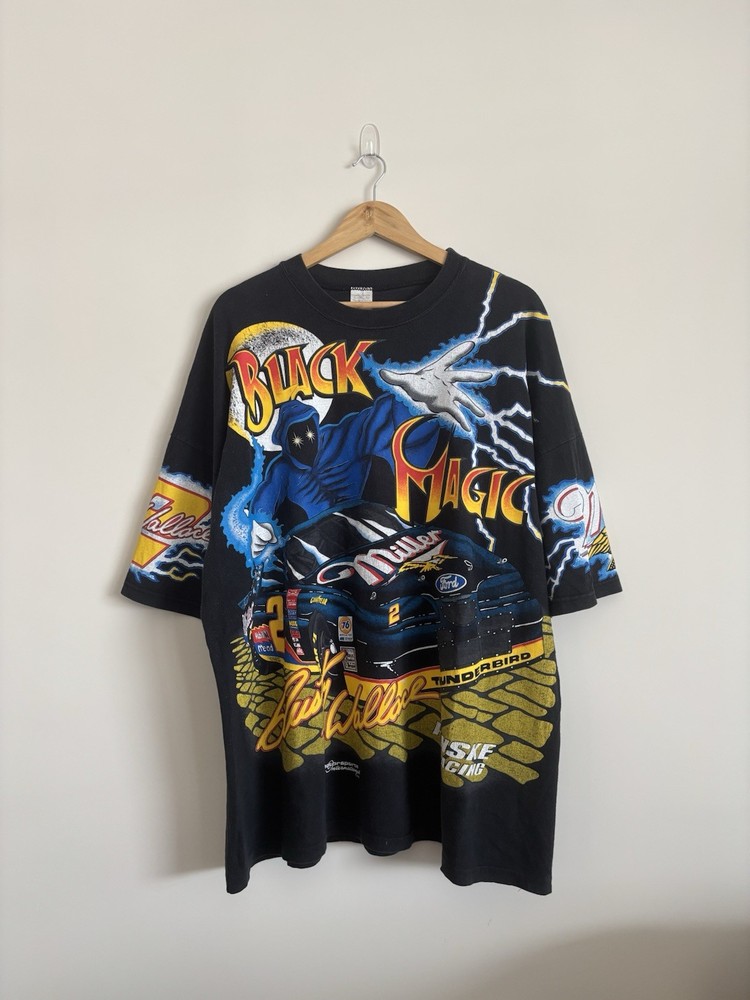 VTG 90s Rusty Wallace Black Magic All Over Print Tshirt Size 2XL
