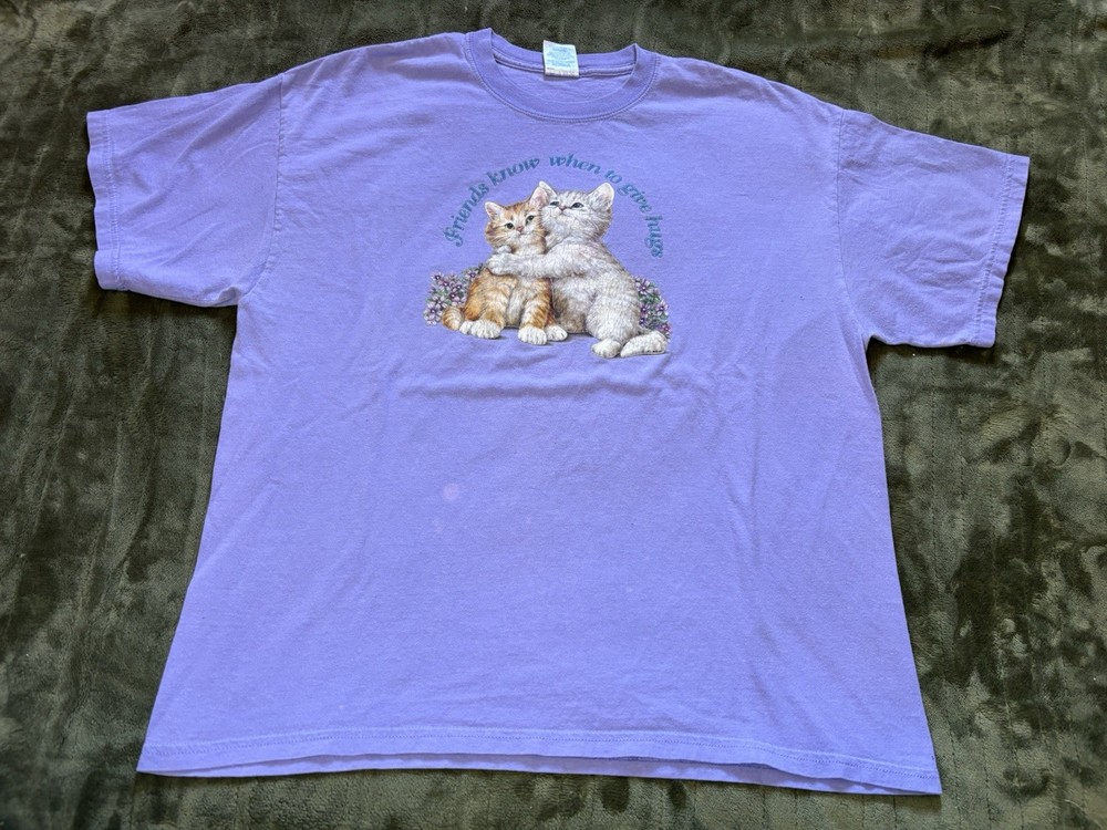 Vintage Cat Shirt Mens XL Purple Kitten Hugs Hugging Flower Cute Graphic Art Tee