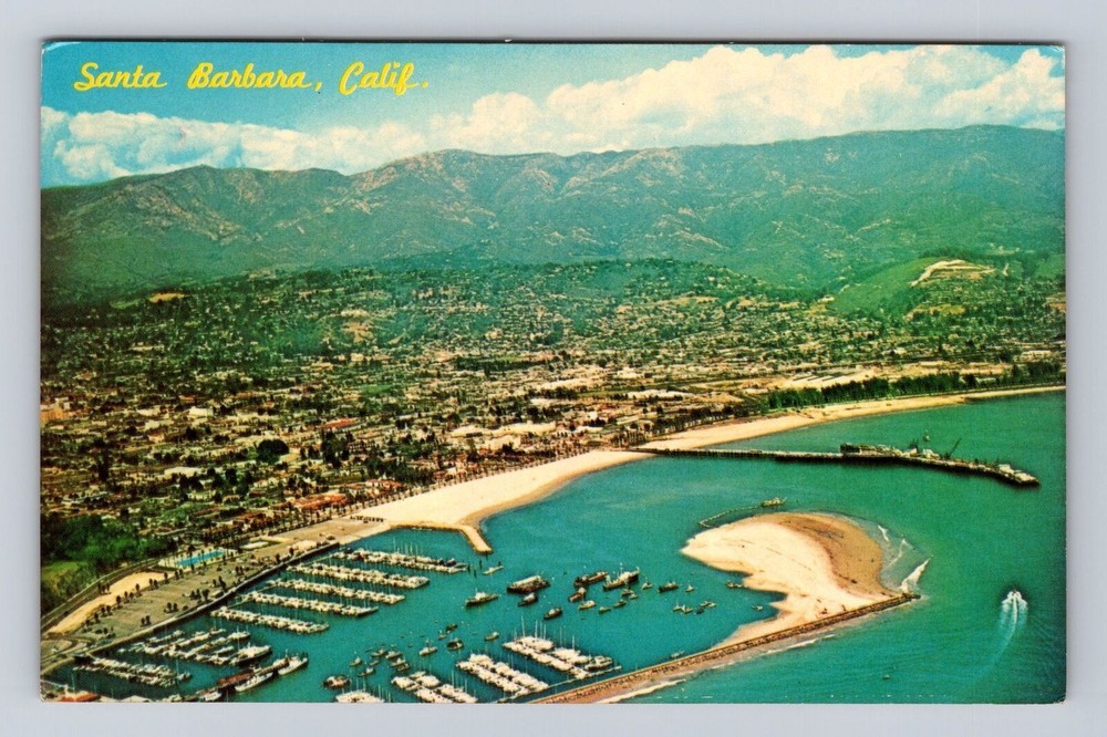 Santa Barbara CA-California, Aerial View Harbor and City, Vintage Postcard