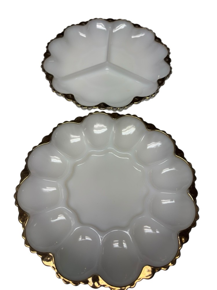Vintage Milk Glass Gold Trim Divided Relish Candy Dish Set Scalloped