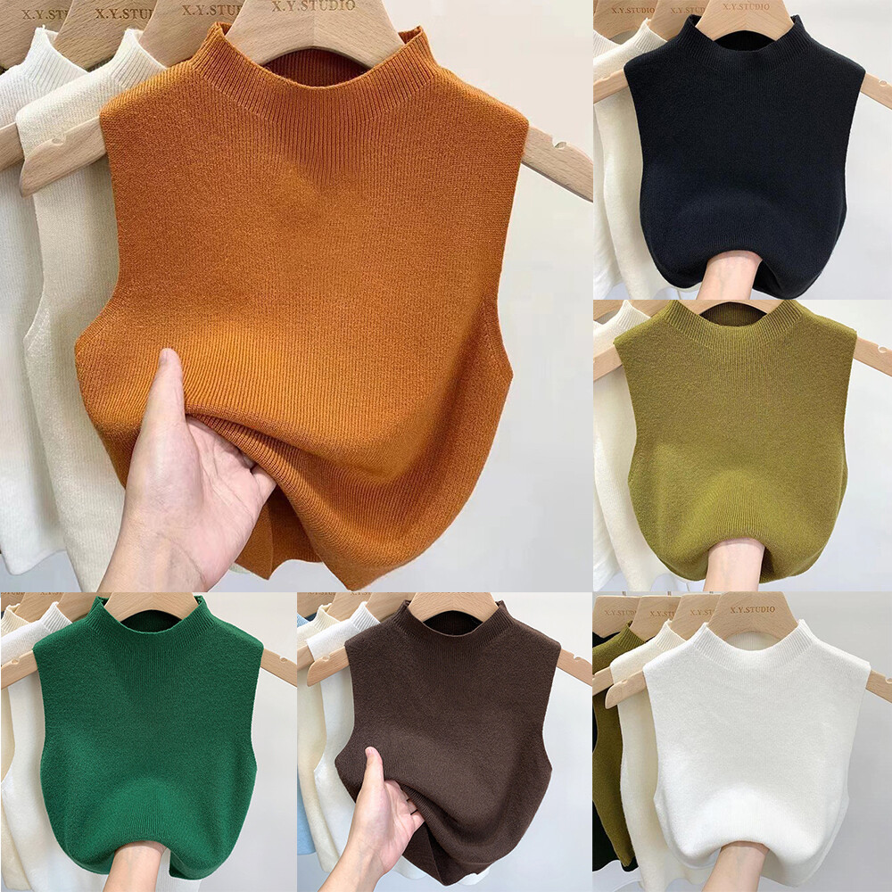 Womens Knitted Sweater T-Shirt Half-turtleneck Vest Camisole Cropped Tops Blouse