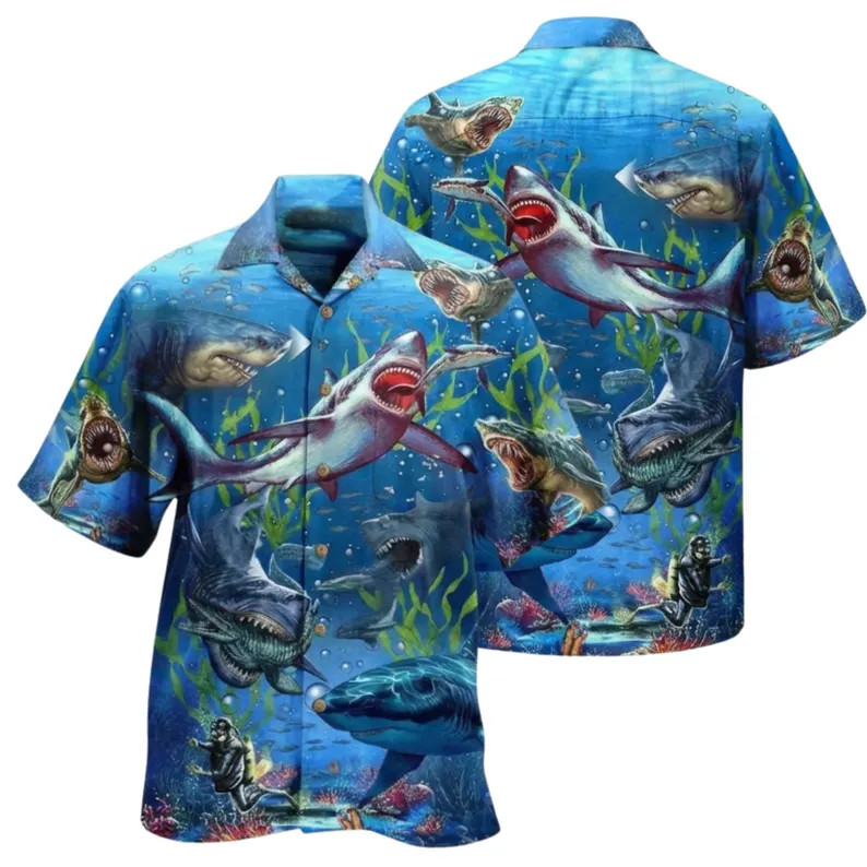 Shark Hawaii Shirt Men Blue Ocean Beach Vacation Aloha Summer