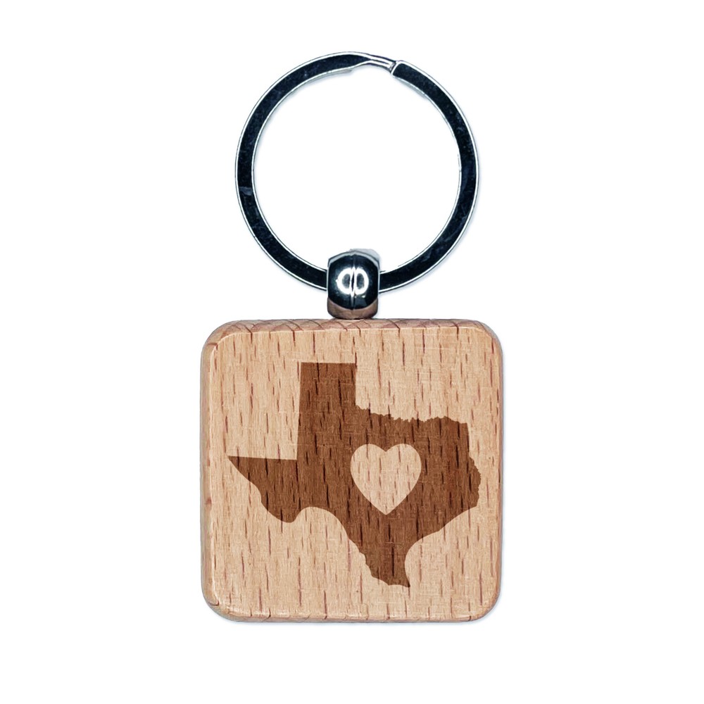 Texas State with Heart Engraved Wood Square Keychain Tag Charm