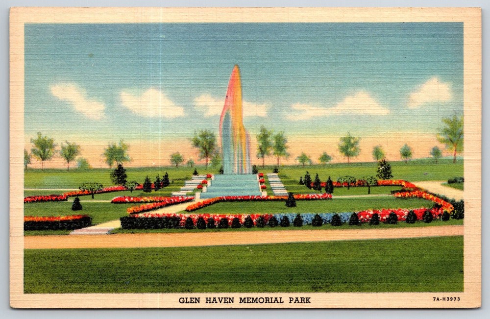 Donnellsville Ohio~Fountain @ Glen Haven Memorial Park~Vintage Linen Postcard