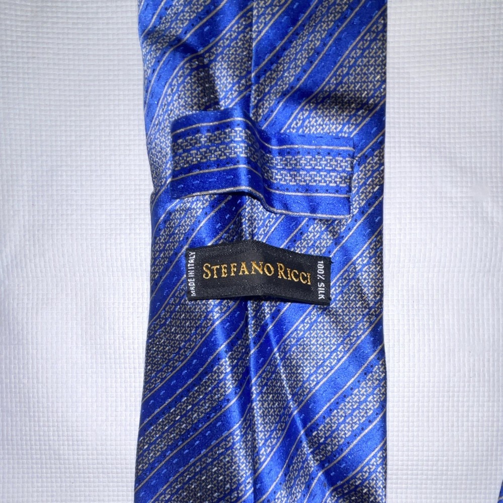 Stefano Ricci Men's 100% Silk Blue Gray Striped Designer Tie