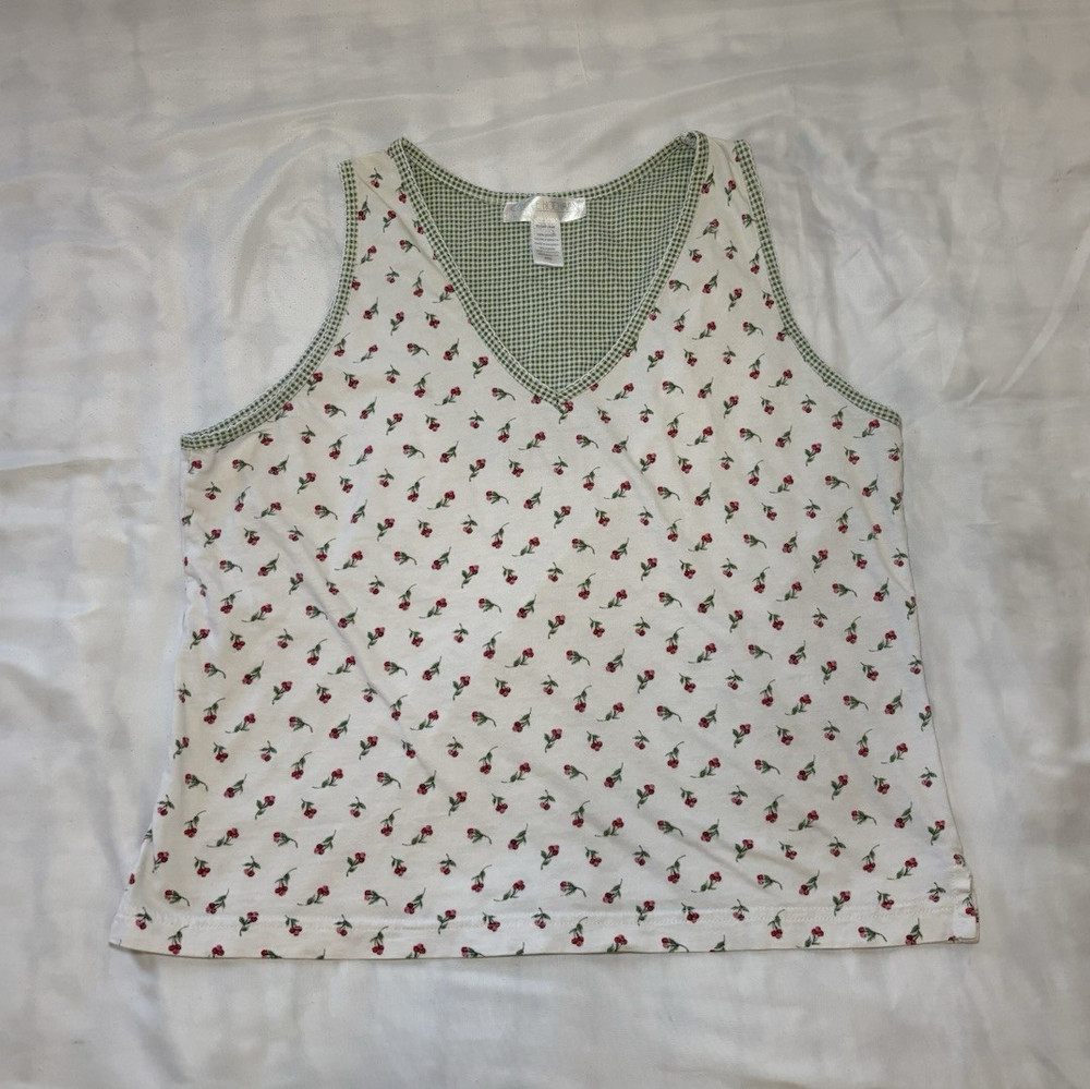 Carole Hochman Women's Green White Floral V-Neck Cotton Sleeveless Tank Size M