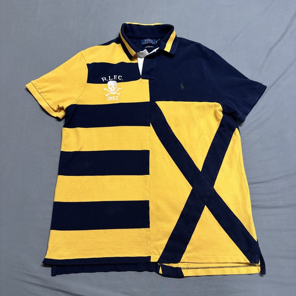 Polo Ralph Lauren Yellow Blue Skull RLFC 1923 Rugby Large Custom Slim Shirt Flaw