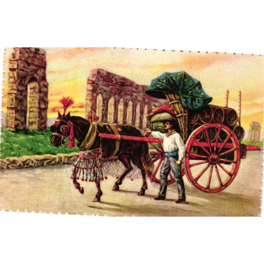 Vintage Roma Carro da Vino Postcard Italian Wine Cart Horse Roman Ruins Scrocchi