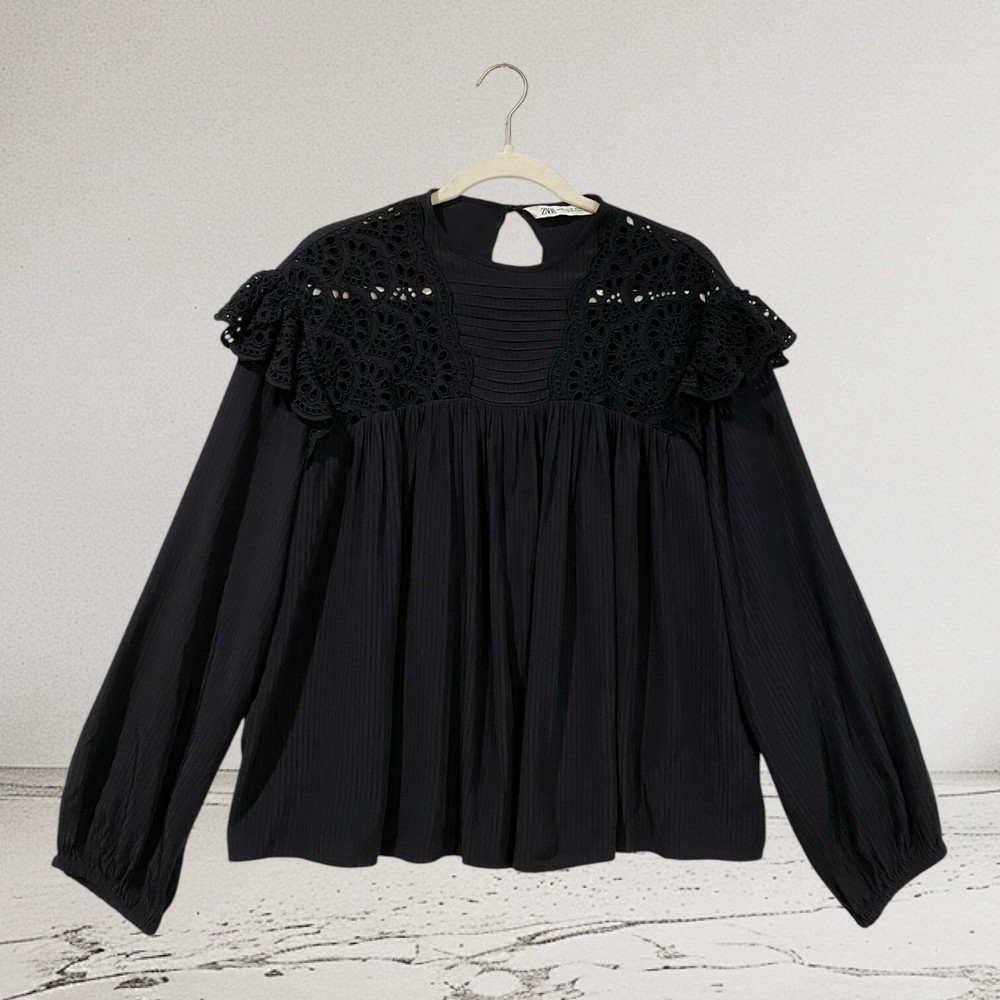 Zara Womens XS Boho Eyelet Ruffle Pleated Feminine Top