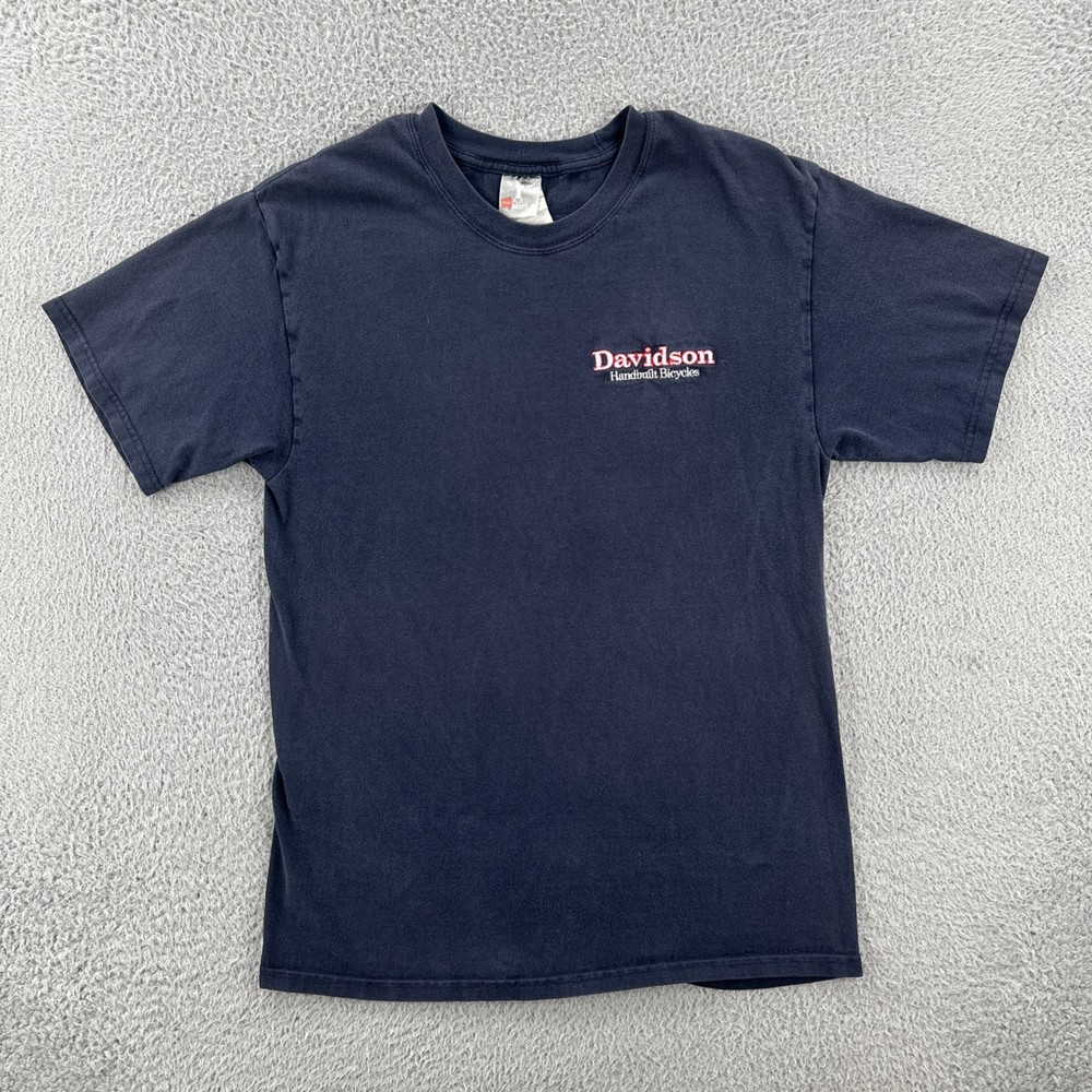 Vtg Hanes Beefy-T Medium Blue Embroidered T Shirt Davidson Handbuilt Bicycles