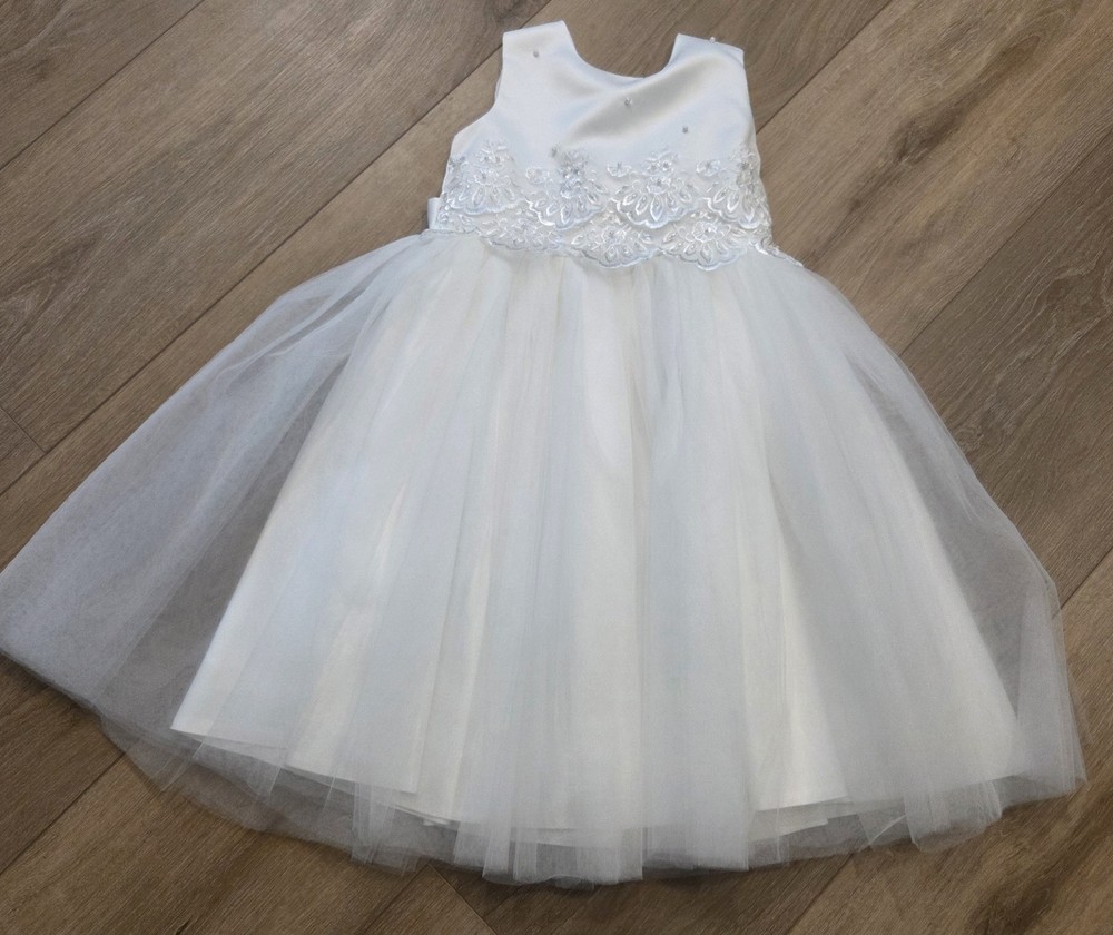 Girls White Tulle Flower Girl Dress Lace Beaded Bodice Formal Party Wedding Sz 5