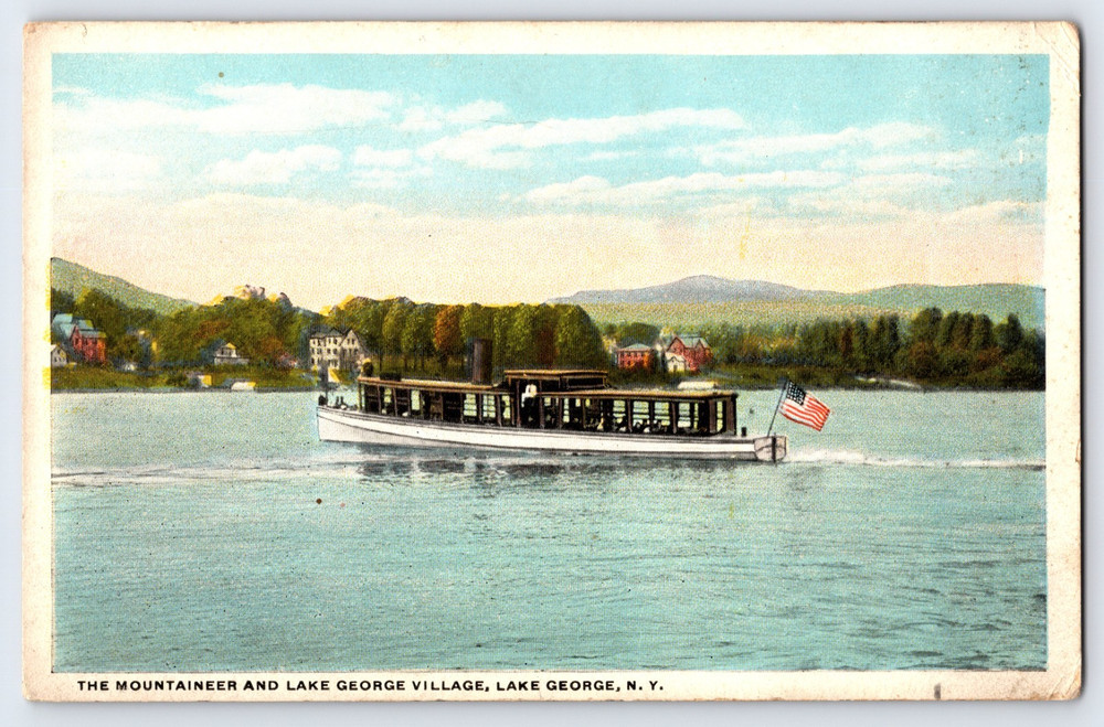 Lake George New York NY Village And Mountaineer Boat Antique Vintage Postcard