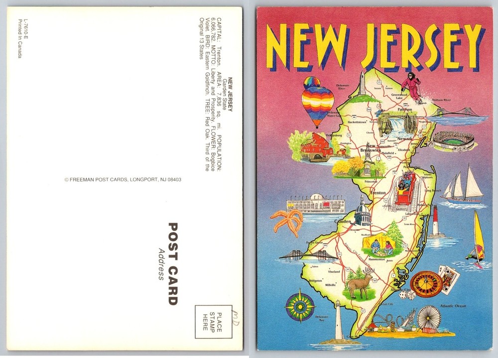 Vintage New Jersey State Map Postcard Illustrated Landmarks & Attractions