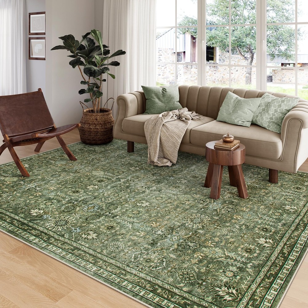 Boho Green Rugs for Living Room 8x10, Floral Washable Rugs for Bedroom Dining...