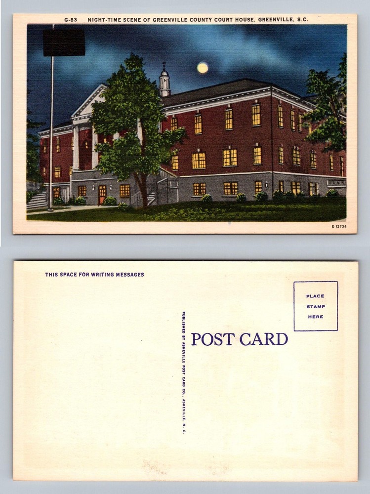 Greenville, SC-South Carolina, County Court House Night Scene Vintage Postcard