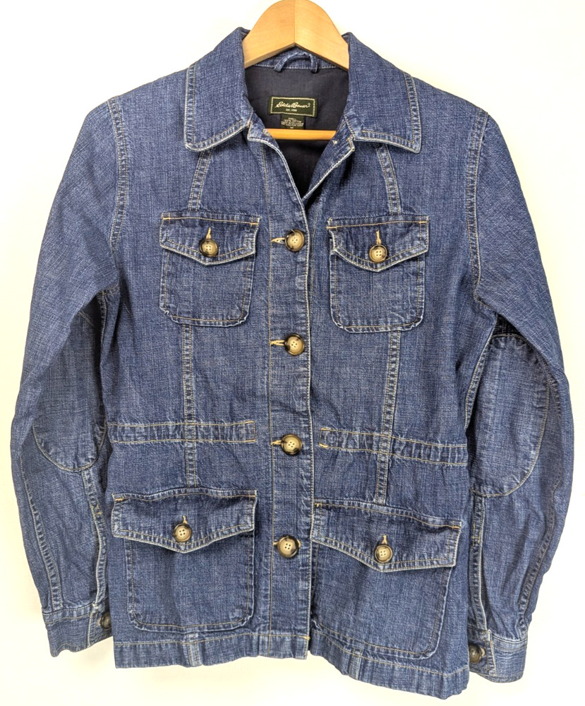 Eddie Bauer Womens M Denim Jean Jacket Button Up Pockets Cinch waist Elbow Patch