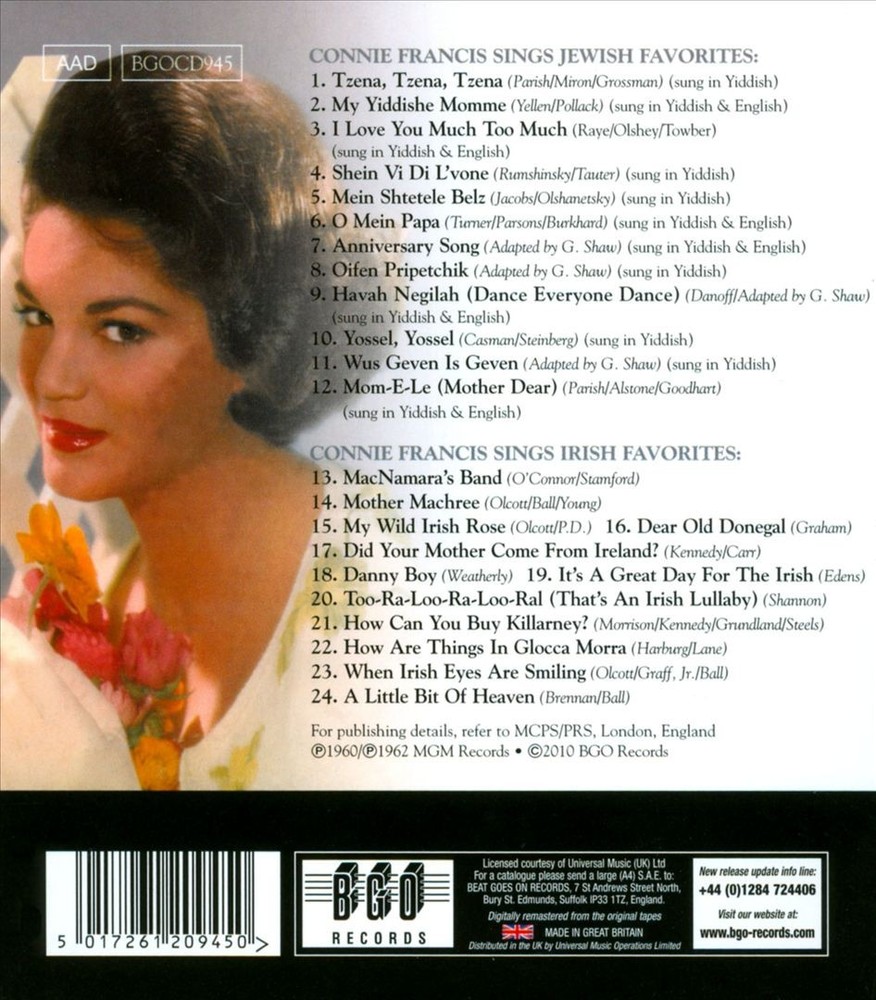 Connie Francis Sings Jewish Favorites/Sings Irish Favorites New Cd