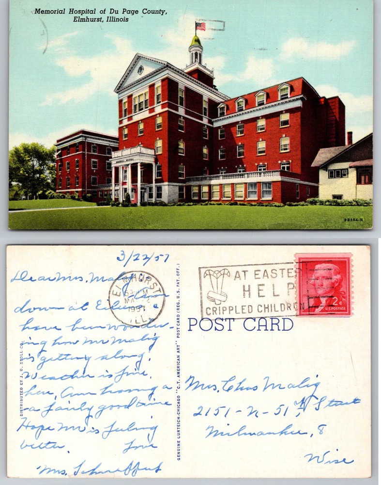 Memorial Hospital Du Page County Elmhurst Illinois Postcard