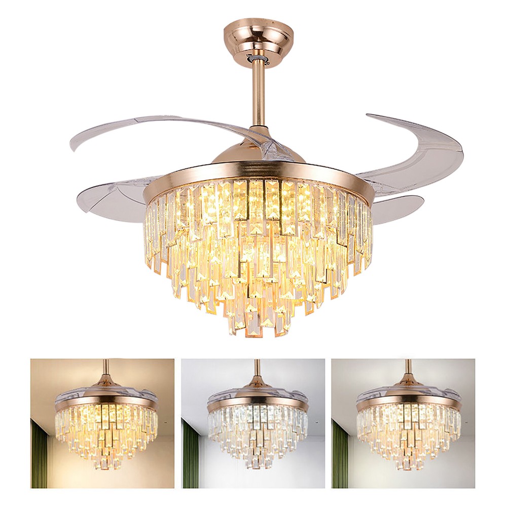 42-Inch Crystal LED Dimmable Ceiling Fan with Remote and Retractable Blades