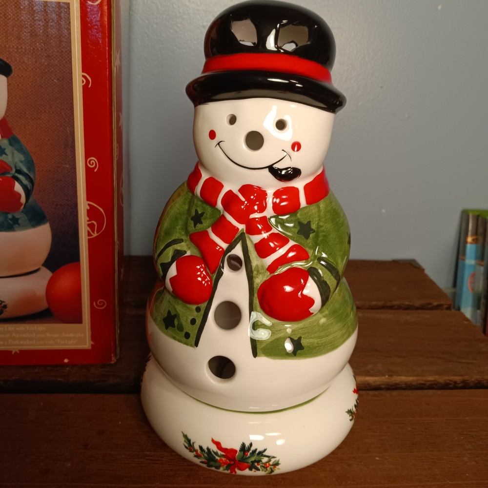 Vintage Pfaltzgraff Ceramic Snowman Tealight Candle Holder, 2 Pc. 1999
