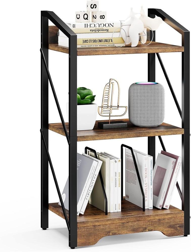 3 Tier Industrial Bookcase, Metal Small Bookcase, Rustic Open Book Shelf (Brown)