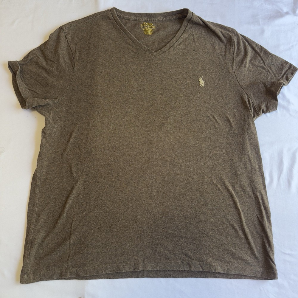 Polo Ralph Lauren Mens XXL Olive Green V-Neck T-Shirt Orange Pony Logo Cotton