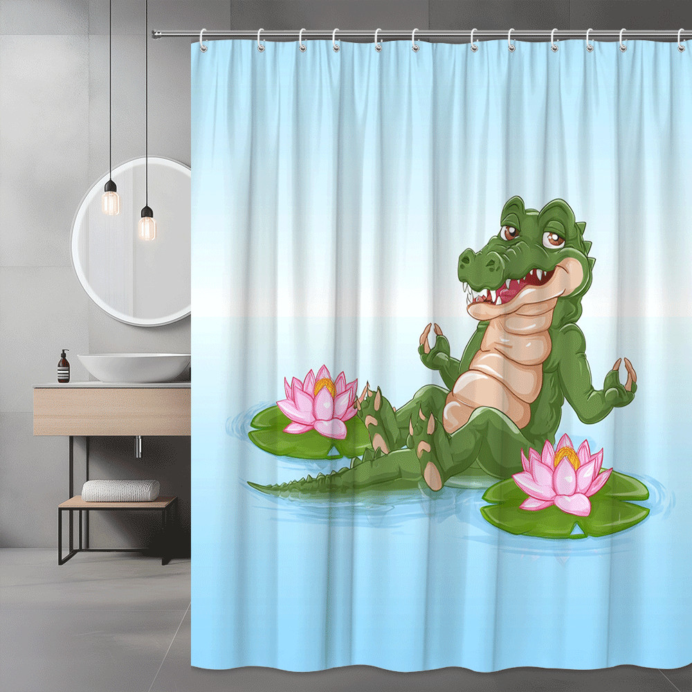 Cute Crocodile Lotus Pond Shower Curtain Cartoon Print