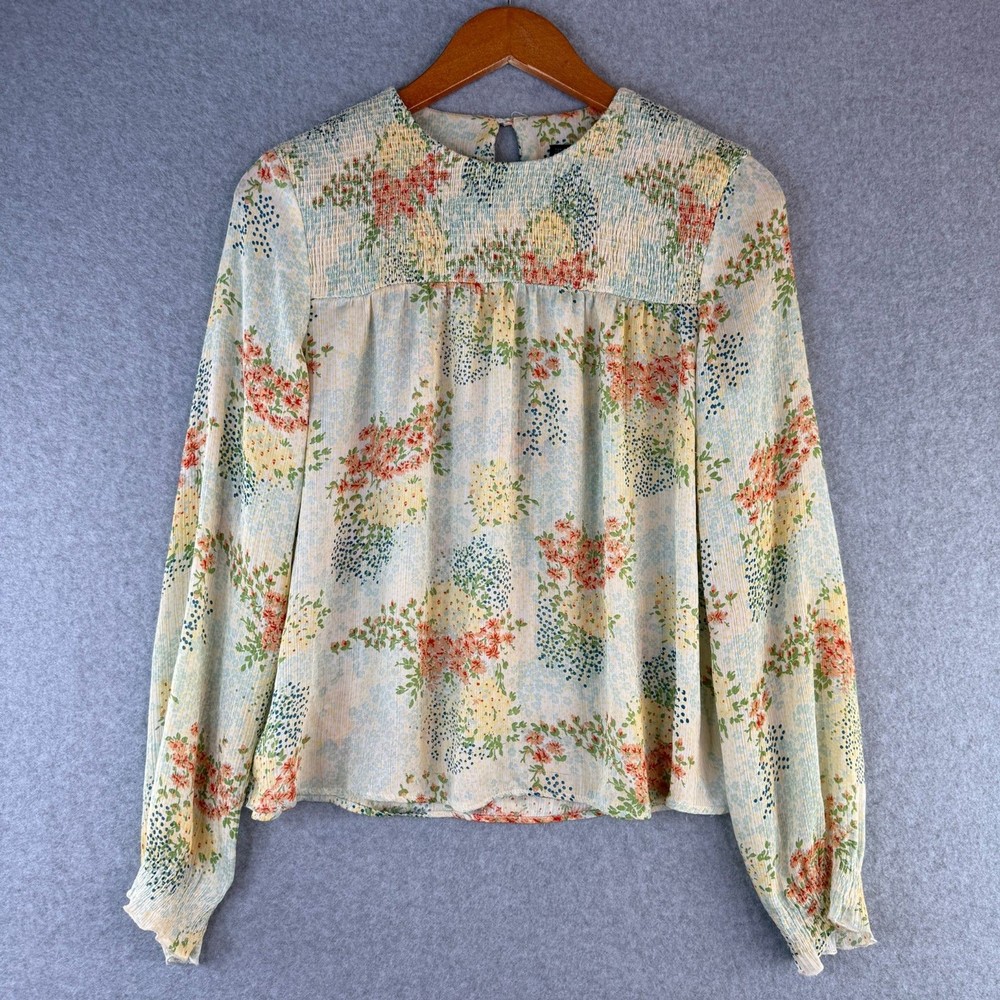 Zara Floral Satin Long Sleeve Peasant Flowy Blouse Size S Boho Cottage Core