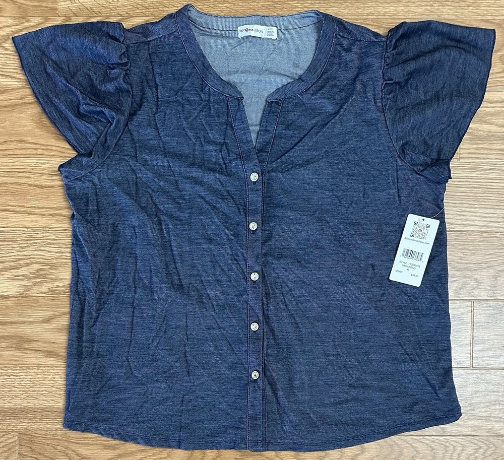89th & Madison Dark Indigo Button Front Short Sleeve Blouse XL Style 110035915
