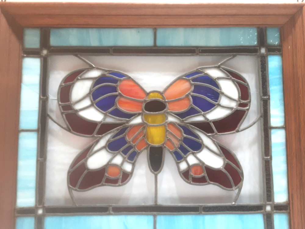 Vintage stained glass butterfly window Panel hanging in wooden frame