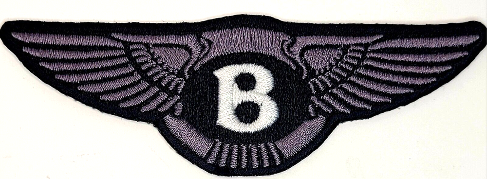 Bentley Wings Logo Embroidered Iron-On Patch 4x1.5 Inches Black & Grey Design