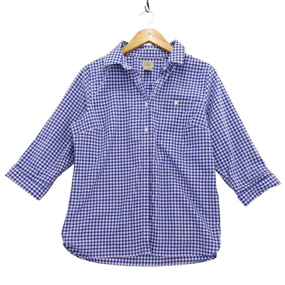 LL Bean Gingham Button Up Shirt Women M Blue White 3/4 Sleeve Cotton
