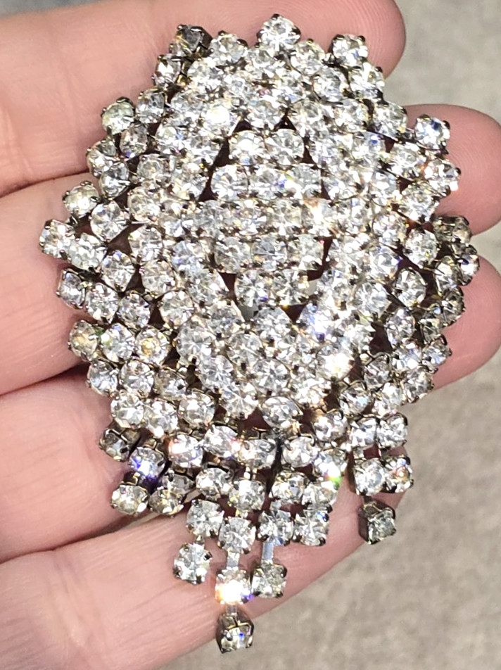 Vintage Silver Tone Waterfall Rhinestone Brooch Sparkly Cascade Design