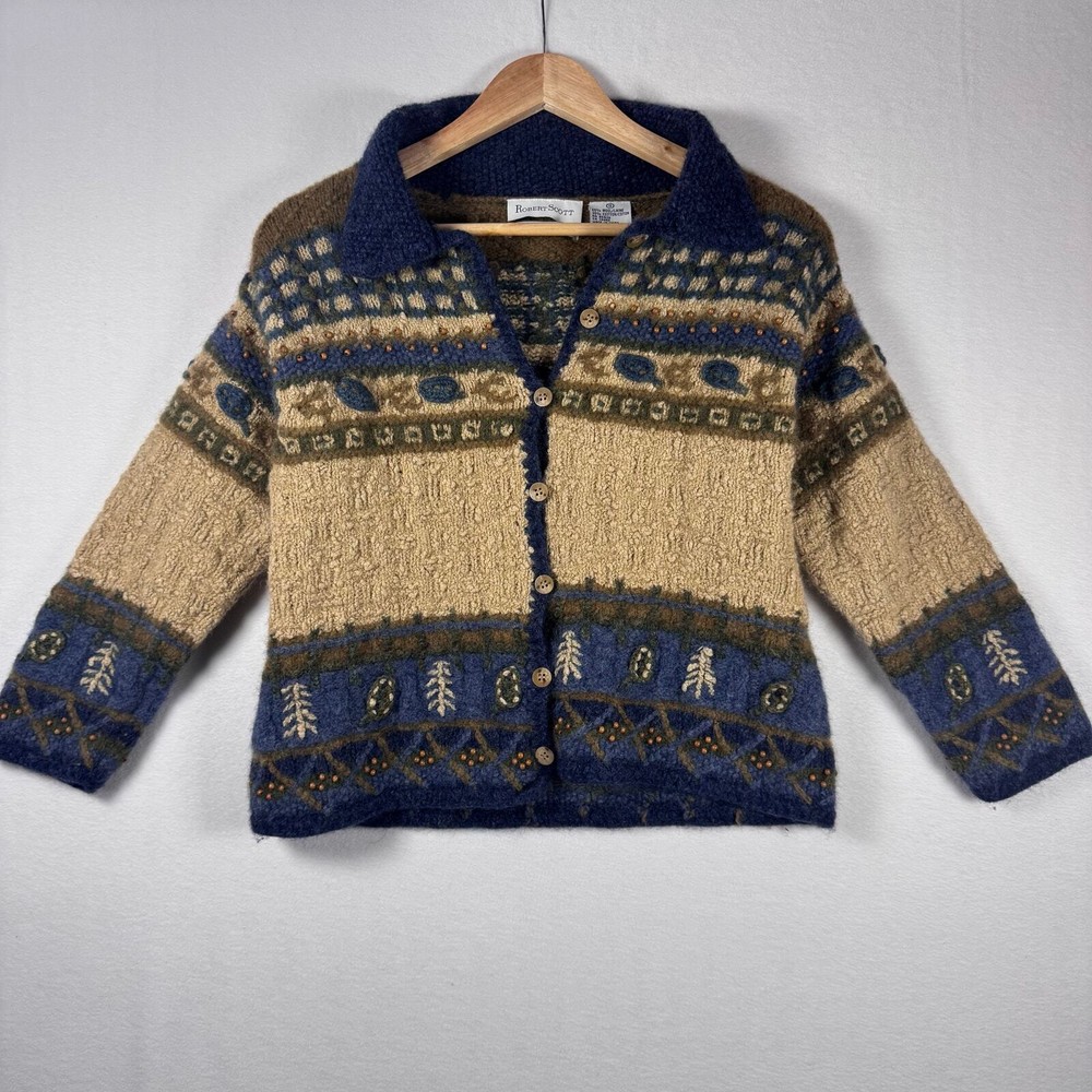 ROBERT SCOTT Knit Hand Wool Blend Womens Cardigan Sweater Granny Core Small