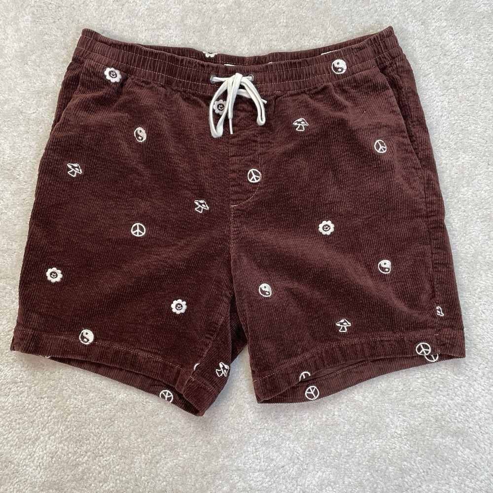 Pacsun Volley Corduroy Shorts Mens M Brown All Over Embroidery Drawstring