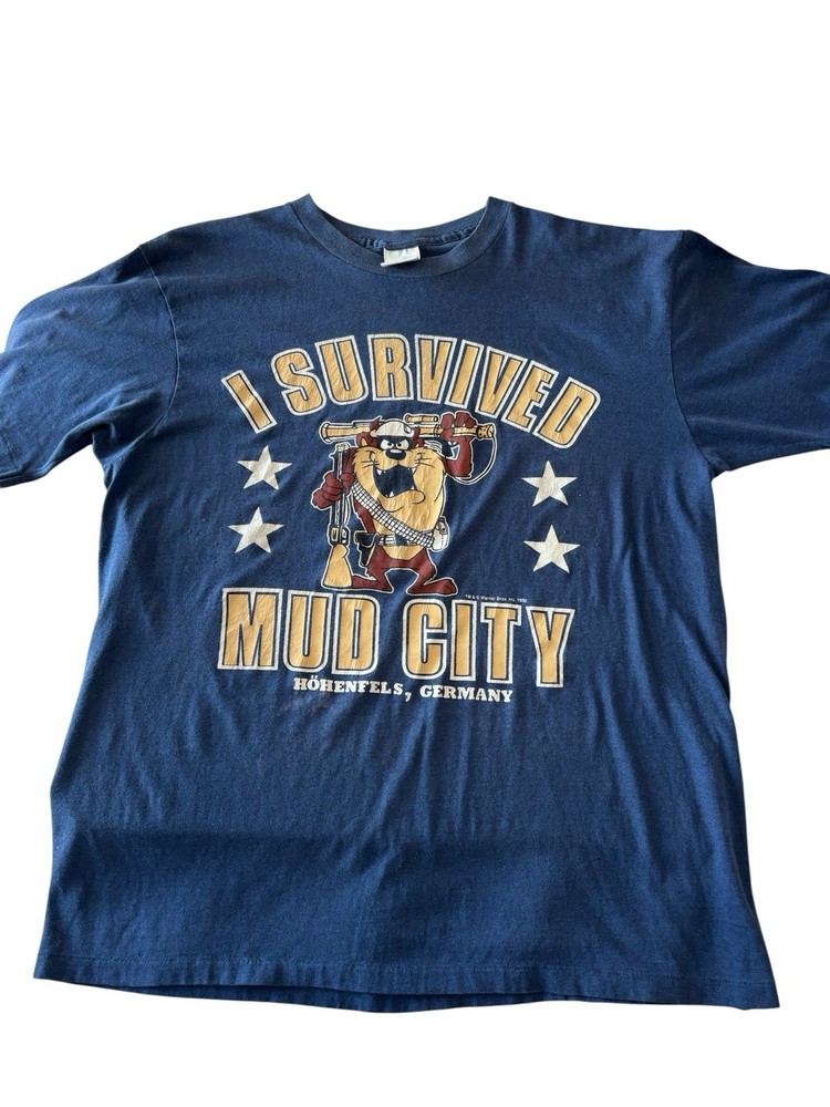 Looney Tunes Men’s L Taz T-Shirt Military I Survived Mud City Blue VTG Y2K 1990