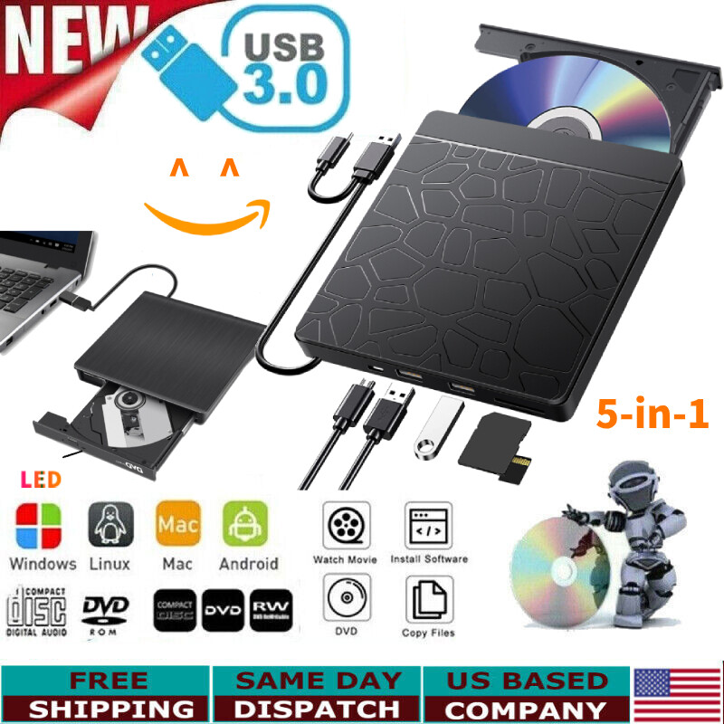 DVD CD RW USB External CD RW Disc Burner Drive Reader Windows 7 10 11 Laptop PC