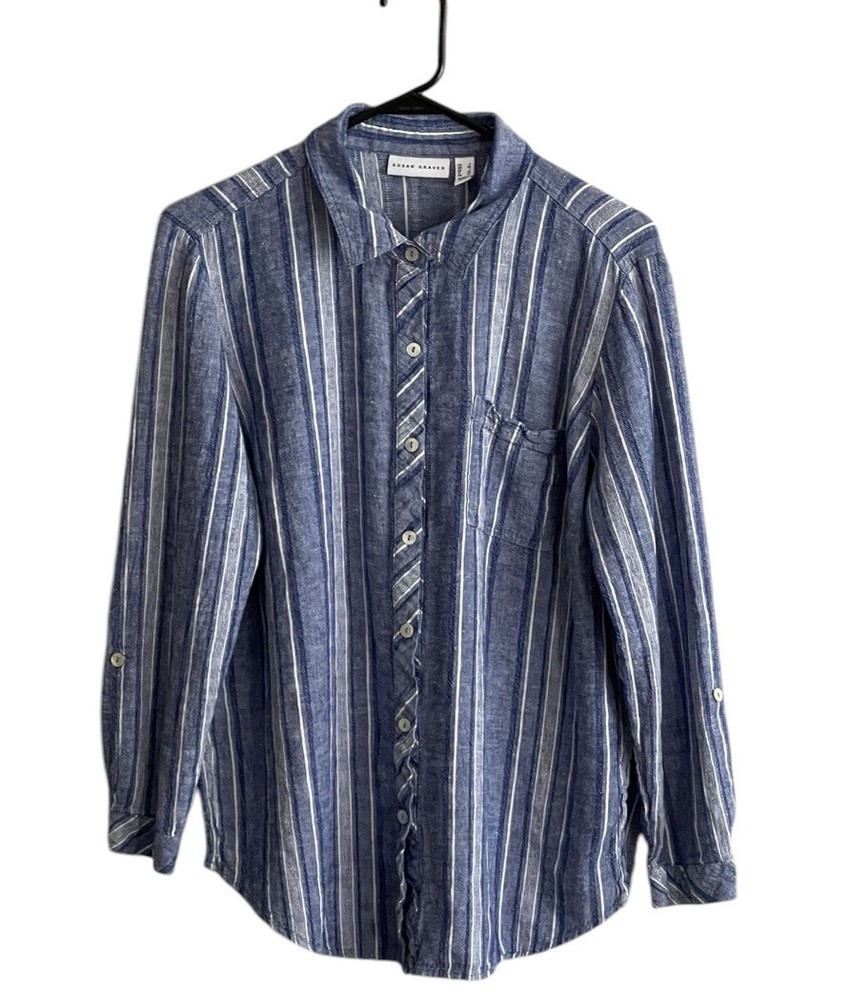 Susan Graver Linen Blend Shirt Large Blue Stripe Button Nautical Beach Comfort