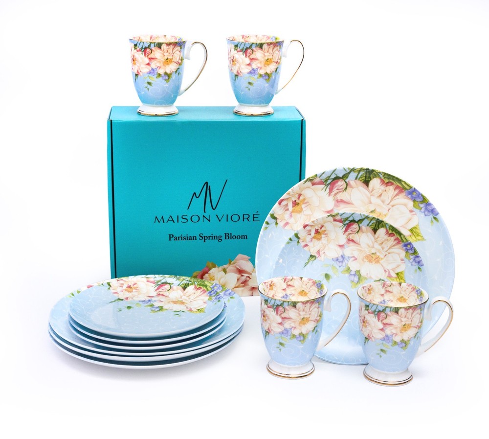 Maison Viore Parisian Spring Bloom Plates and Mugs Set Of 12 Blue
